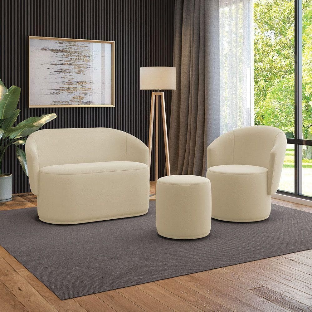 Sofá Namoradeira Com Poltrona E Puff Orgânico Sala Malu Suede M11 - D`rossi Bege