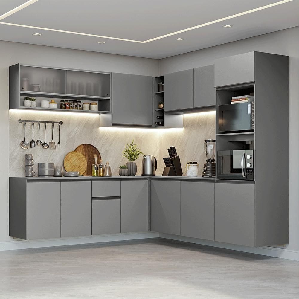 Armário De Cozinha Completa De Canto 445cm Suspensa Cinza Nice Madesa 03 Cinza