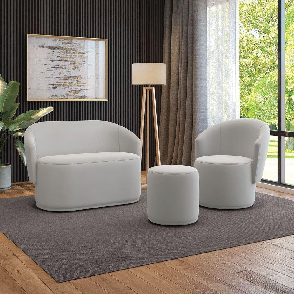 Sofá Namoradeira Com Poltrona E Puff Orgânico Sala Malu Veludo M11 - D`rossi Cinza