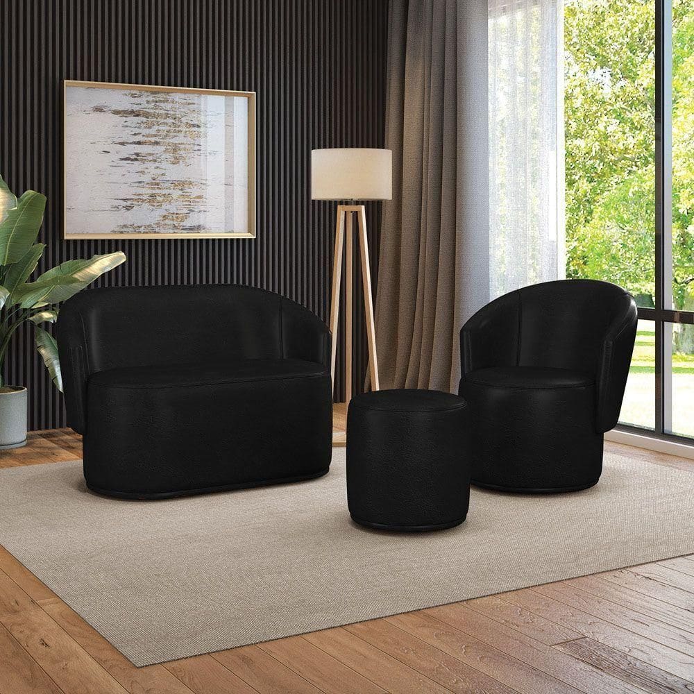 Sofá Namoradeira Com Poltrona E Puff Orgânico Sala Malu Sintético Pu M11 - D`rossi Preto