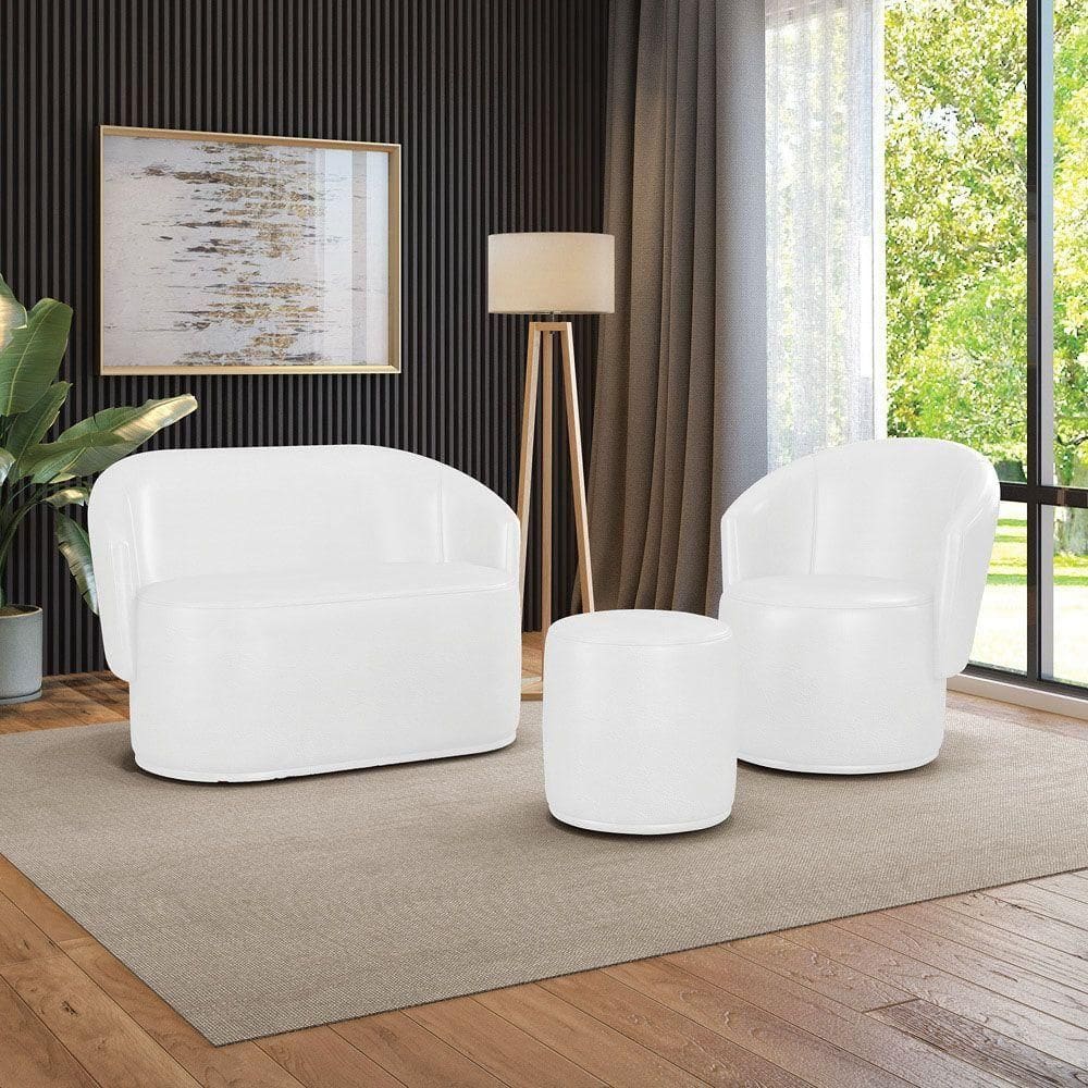 Sofá Namoradeira Com Poltrona E Puff Orgânico Sala Malu Sintético Pu M11 - D`rossi Branco
