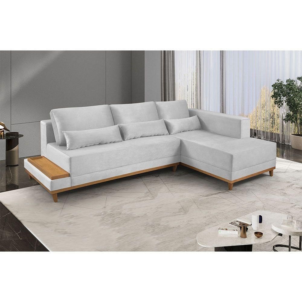 Sofá De Canto 4 Lugares Com Chaise M-174 Estofados Martins Veludo Cinza