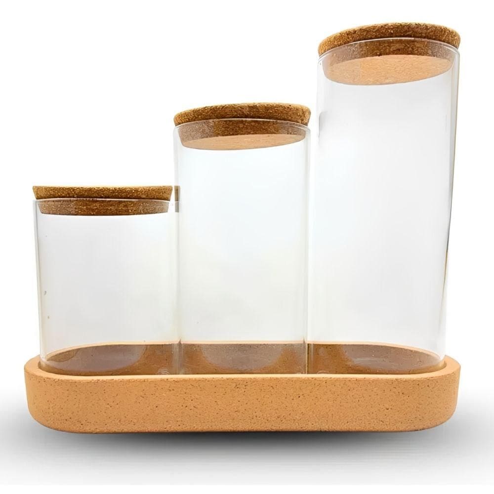 Conjunto de Potes em Vidro e Tampa Madeira 3 Peças - Quanhe