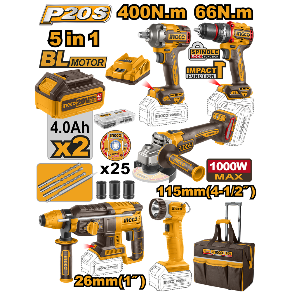 Super Combo 5 em 1 Ingco 20v Furadeira, Martelete, Lanterna, Esmerilhadeira e Chave Impacto
