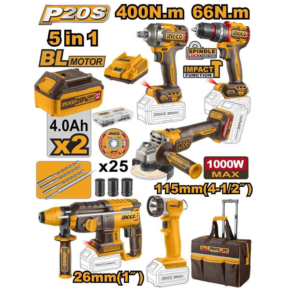 Super Combo 5 Em 1 Ingco 20V Com Maleta De Rodas Ckli2059-9