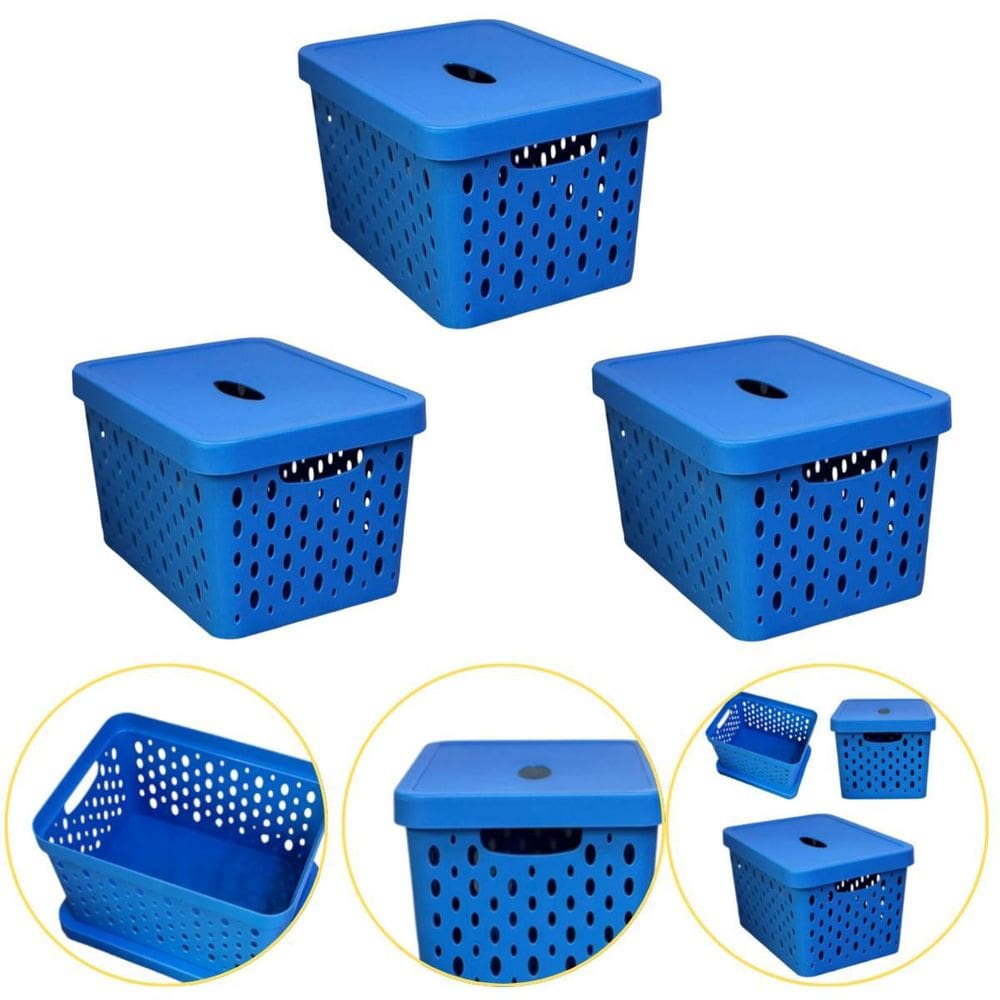 Kit 3 Caixa Cesto Organizador Multiuso Empilhável 17 L Azul