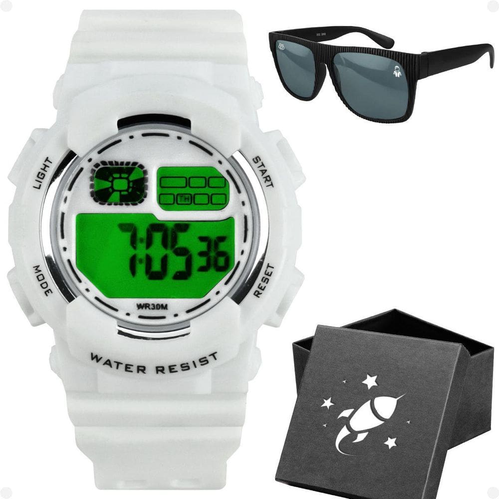 Relogio Digital Menino Branco Infantil + Oculos Sol + Caixa