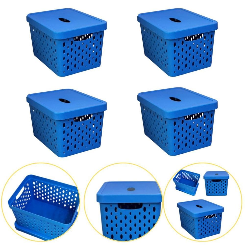 Kit 4 Caixa Cesto Organizador Multiuso Empilhável 17 L Azul