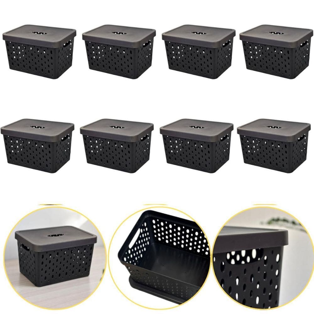 Kit 8 Caixa Cesto Organizador Multiuso Empilhável 17 L Preto