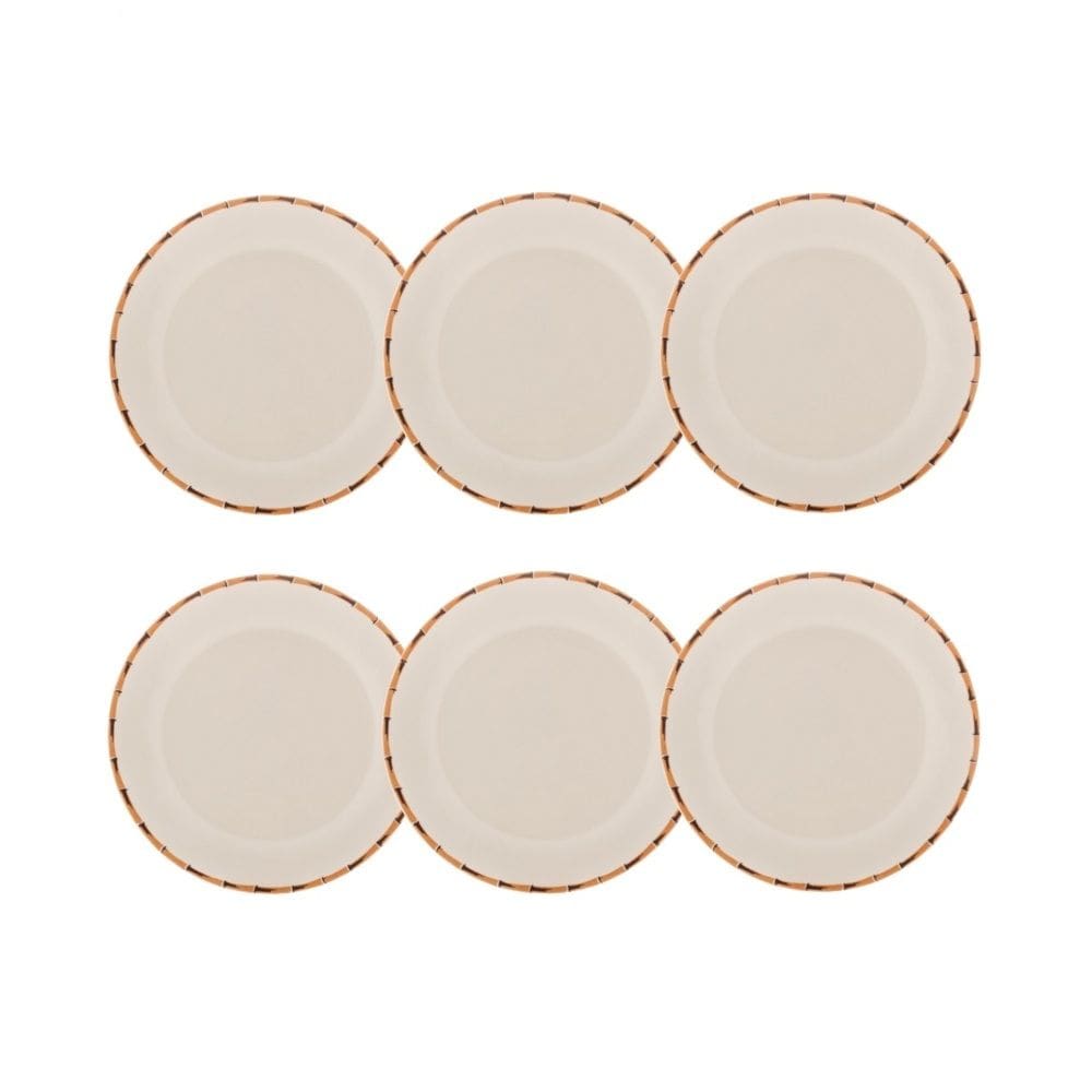 Cj 6 Pratos para Sobremesa de Porcelana Branca e Borda C/Estampa de Bambu 18cm Lyor