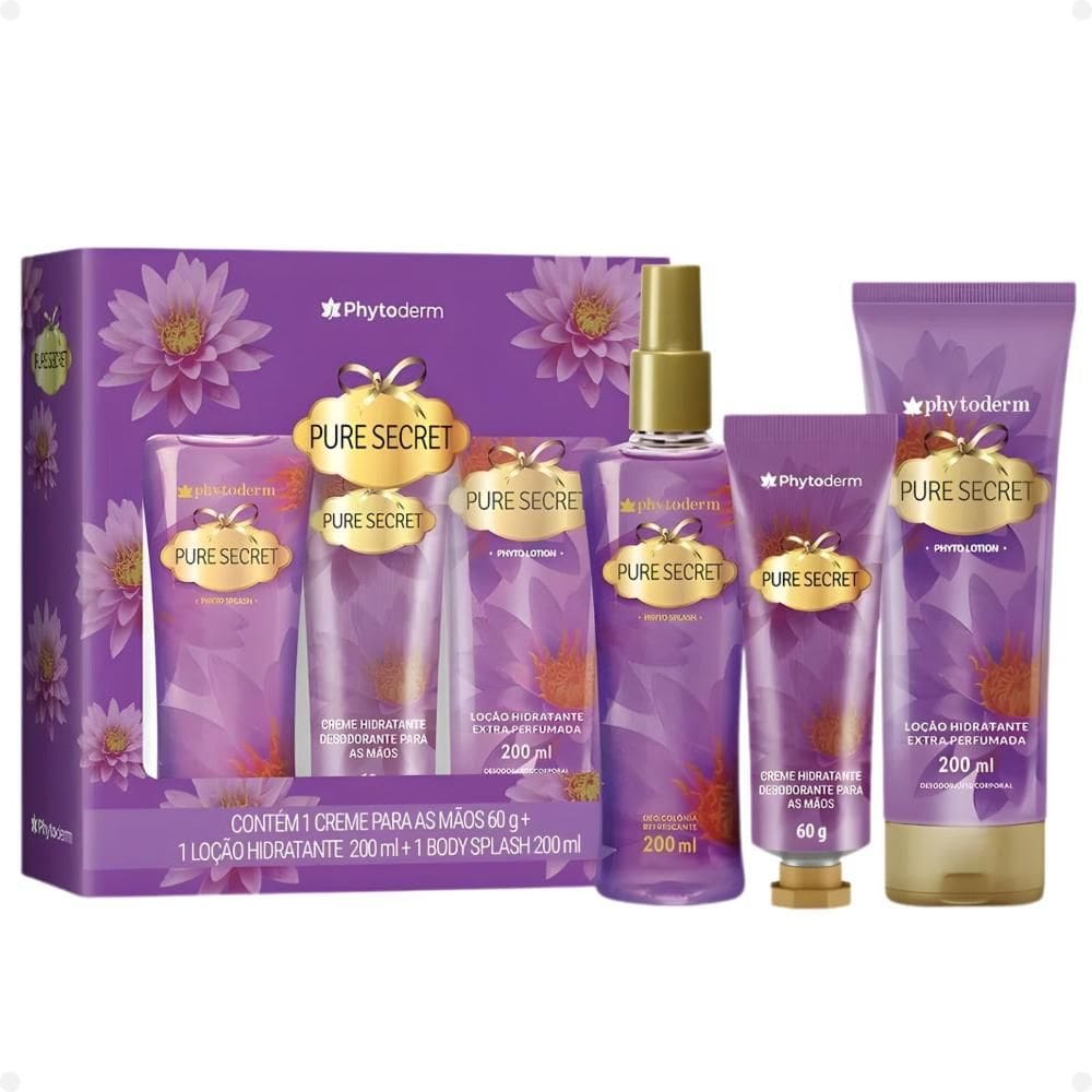 Kit Phytoderm Pure Secret: 1 Body Splash 200ml, 1 Hidratante 200ml e 1 Creme de Mãos 60g