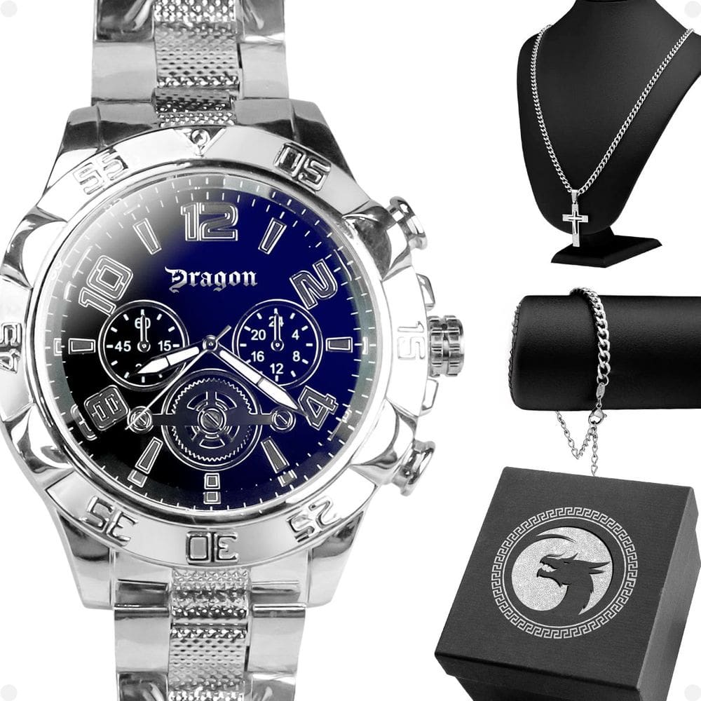 Relogio Aço Inox Masculino + Pulseira + Cordão Cruz inoxidável pai nosso casual religioso catolico