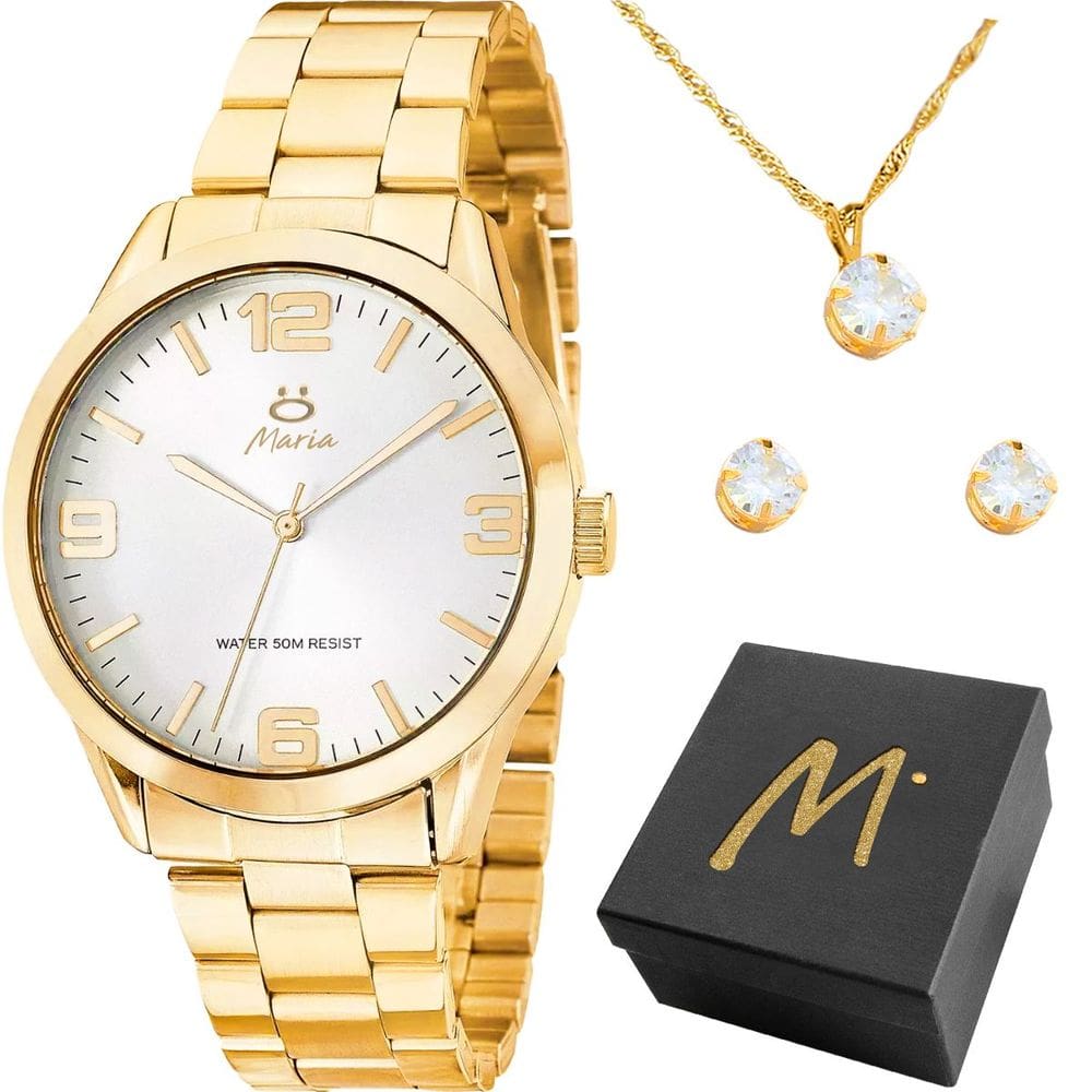 relogio aço inox banhado feminino + caixa + brincos colar strass presente casual qualidade premium