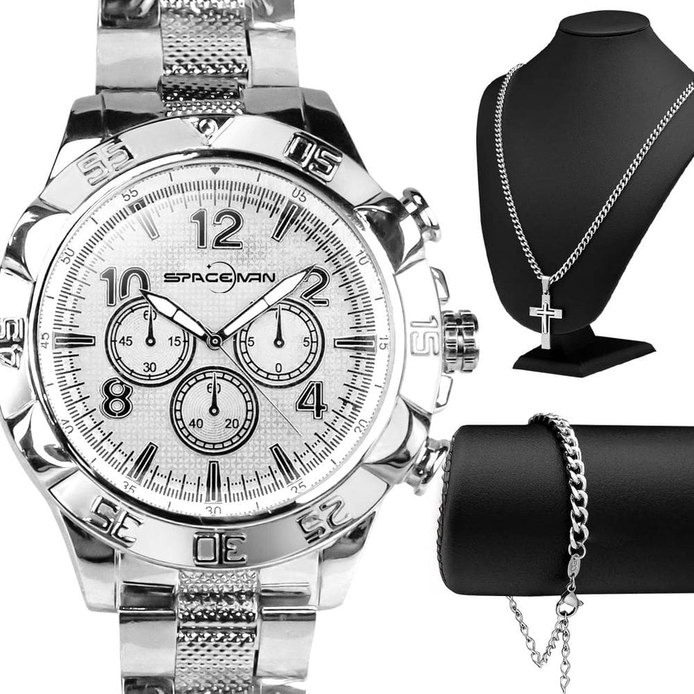 Relogio Masculino Aço + Cordão + Pingente Cruz + Pulseira religioso inoxidável crucifixo catolico