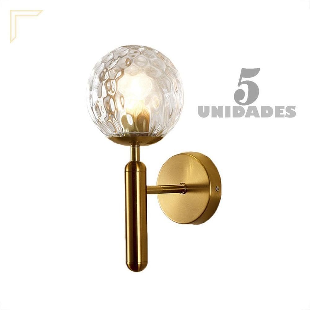 5 Arandela Dourada Bola Vidro Ondulado Transparente Lup57