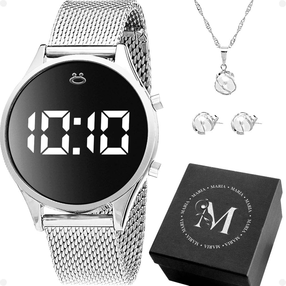 Relogio Feminino Aco Digital Prata + Colar + Brincos inoxidável academia qualidade premium silicone