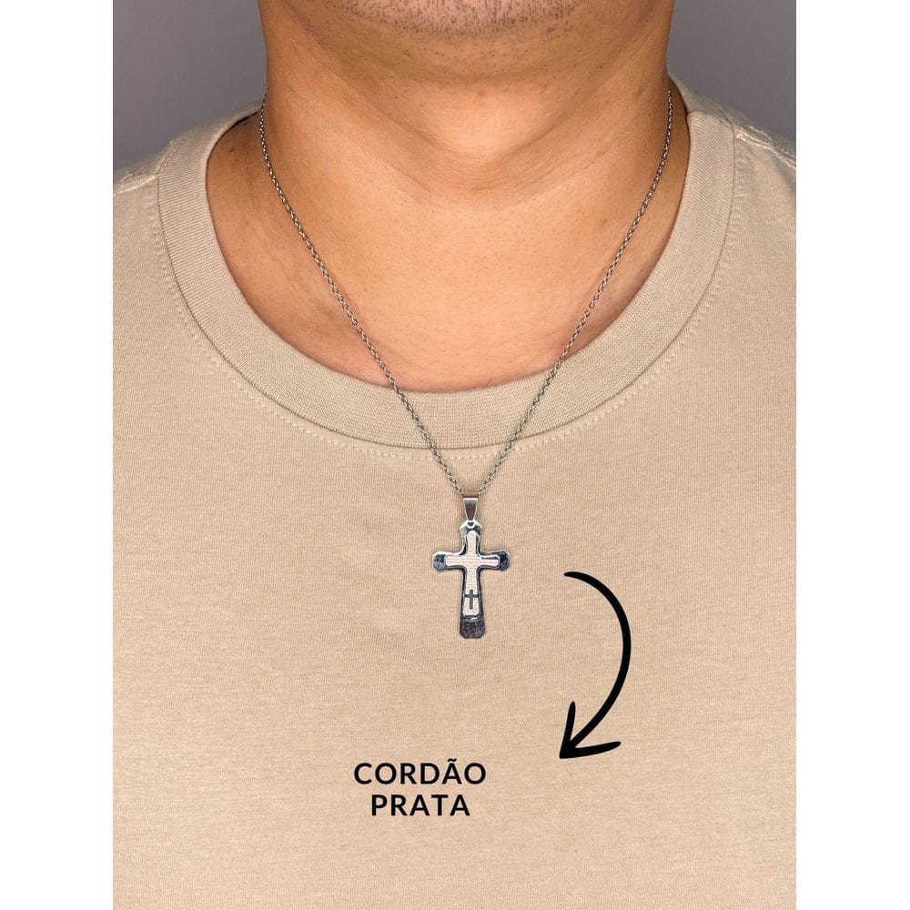 Cordão Corrente 50Cm Pingente Cruz Crucifixo Reza Pai Nosso
