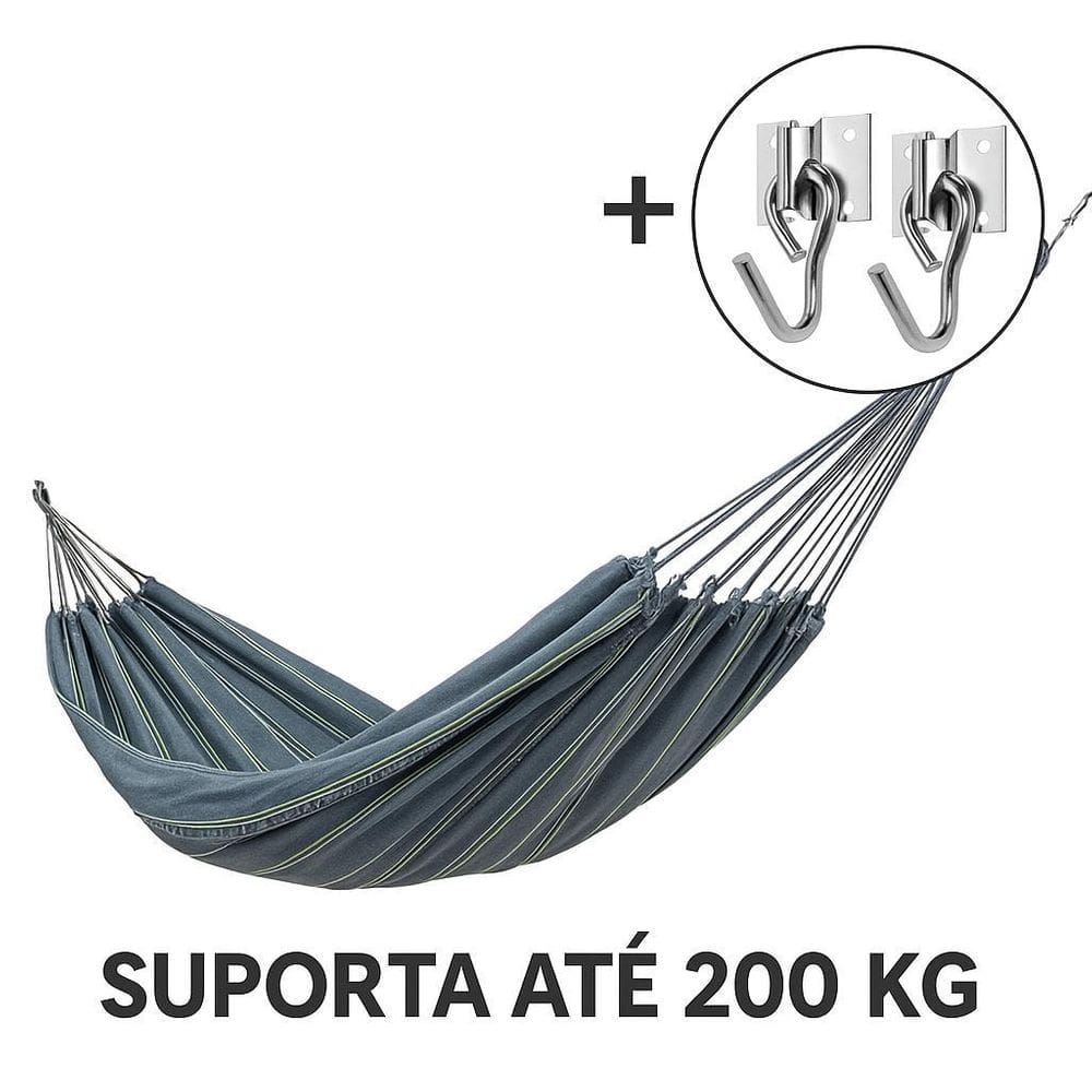 Kit De Rede De Dormir Cinza Listrado + 1 Par Ganchos