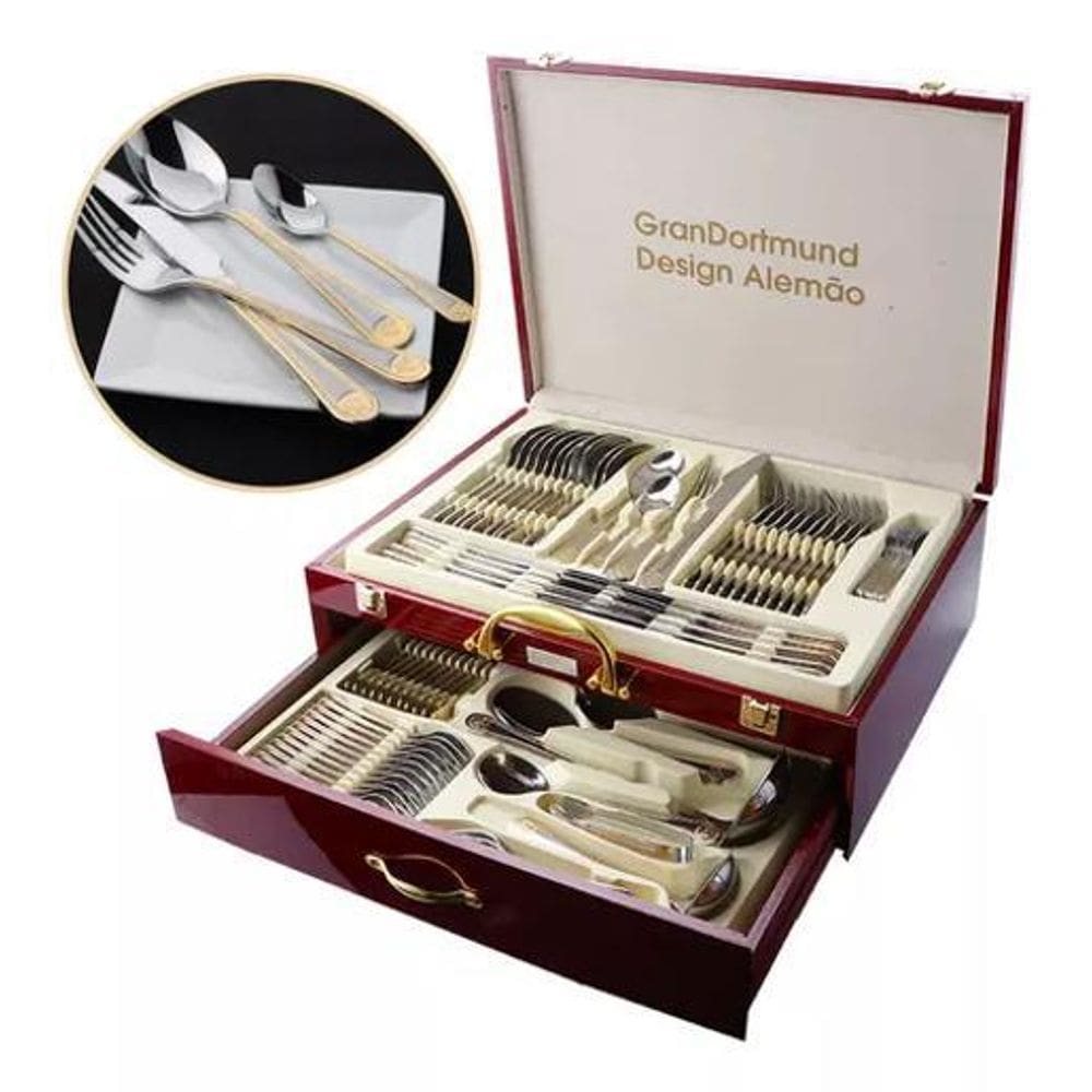 Faqueiro Luxuoso Inox 84 Peças Banhando A Ouro 24K