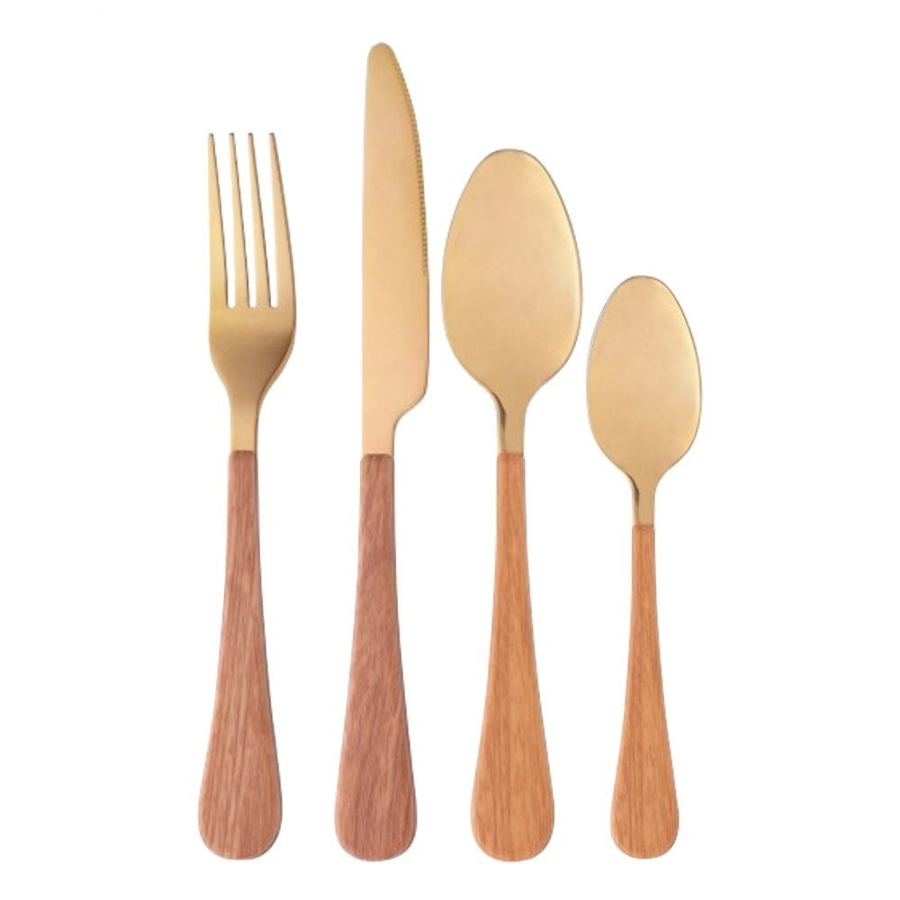 Faqueiro Aço Inox 24 Peças Dourado C/Cabo Plástico Amadeirado Milão Wolff