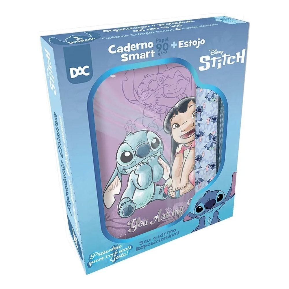 Kit Caderno Colegial Smart e Estojo Elástico Stitch 5319 Dac