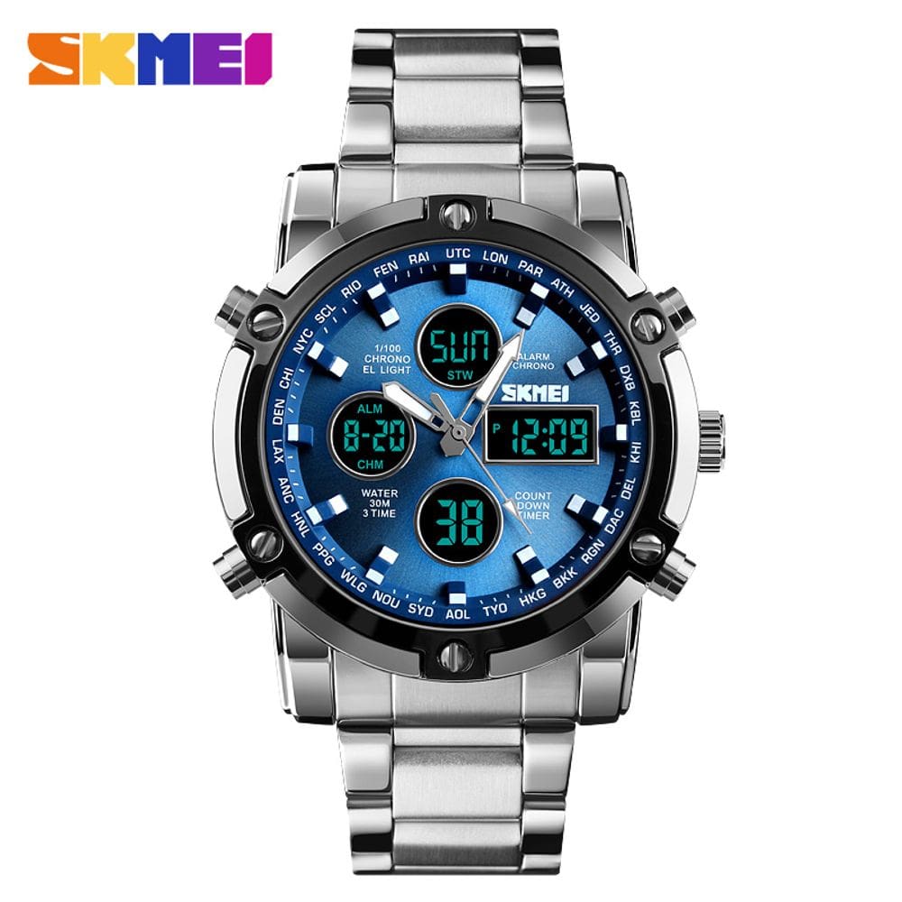 Relógio Masculino Skmei 1389 Luxo Digital Esportivo Aço Prata E Azul