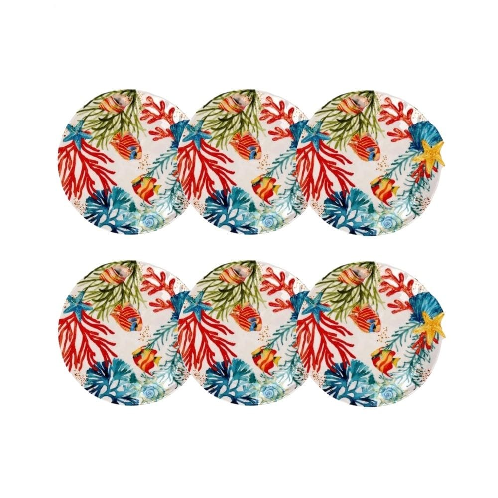 Cj 6 Pratos P/Sobremesa de Melamina Branco C/Estampa Marinho Concha do Mar Azul 23,5cm Entrecasa