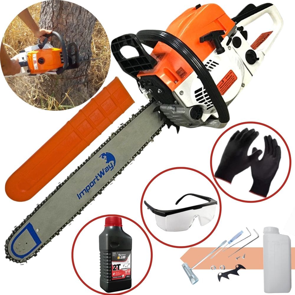 Motosserra a Gasolina Importway 63cc 22pol Super Forte + Acessórios Oleo 2T Toyama + Óculos + Luvas de Proteção