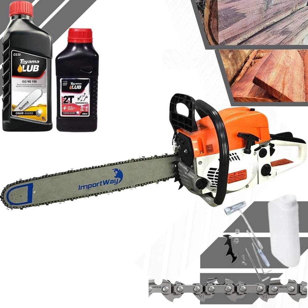 Motosserra Profissional Importway 63cc 22pol Grande & Forte + Óleo de Motor e Corrente Toyama 2T