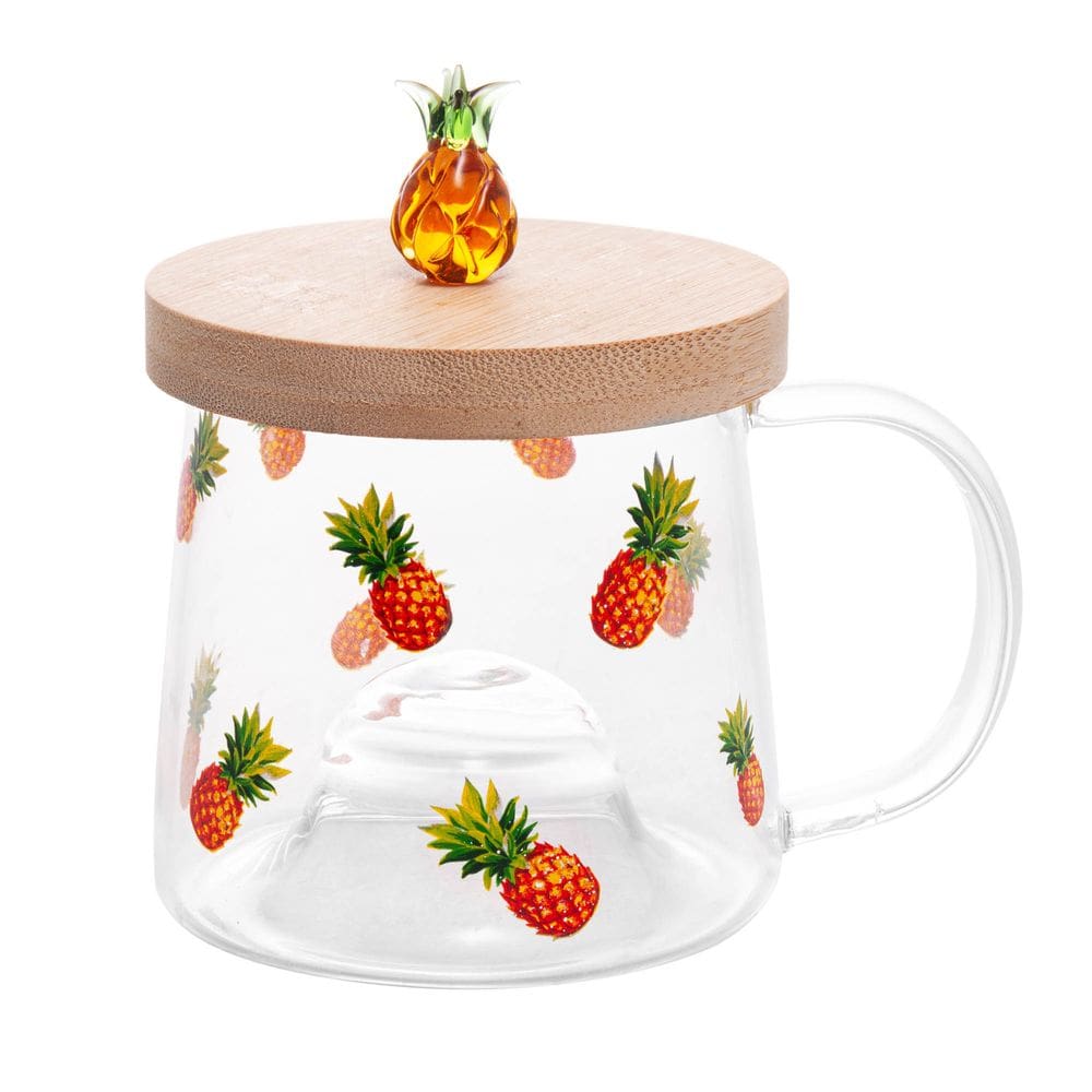 Caneca de Vidro Borossilicato com Pires de Bambu Abacaxi 330