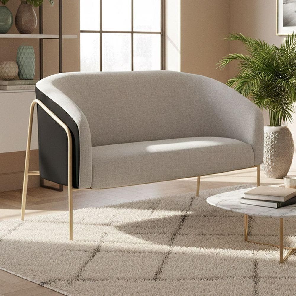 Sofá Namoradeira Stella Industrial Alta Champanhe Sintético Pu Preto Linho Cinza D03 - D`rossi