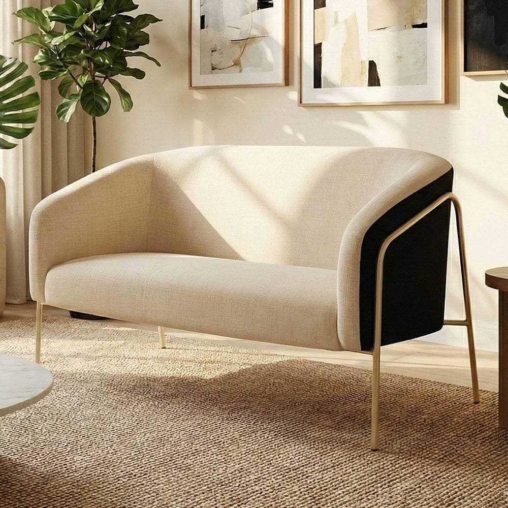 Sofá Namoradeira Stella Industrial Alta Champanhe Sintético Pu Preto Linho Bege D03 - D`rossi