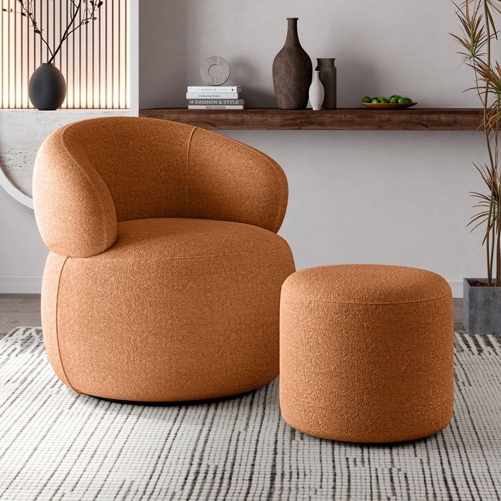 Kit Poltrona Orgânica Eloah + Puff Ello Alto Padrão Bouclé Italiano Atemporal Conforto - Terracota