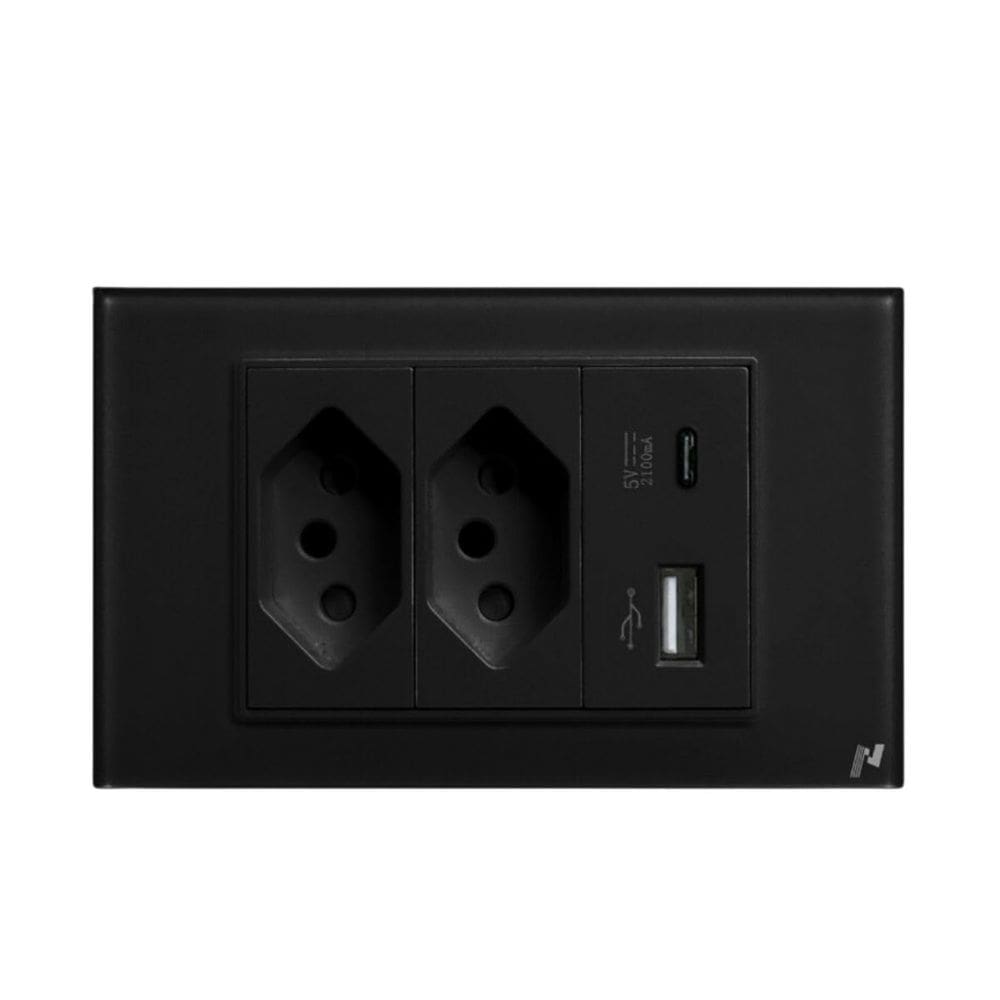 Tomada Dupla Usb Usbc Novadigital 10a 16a 20a 4x2 Vidro Temperado Embutir Sem Wifi Wk-usbc Preta