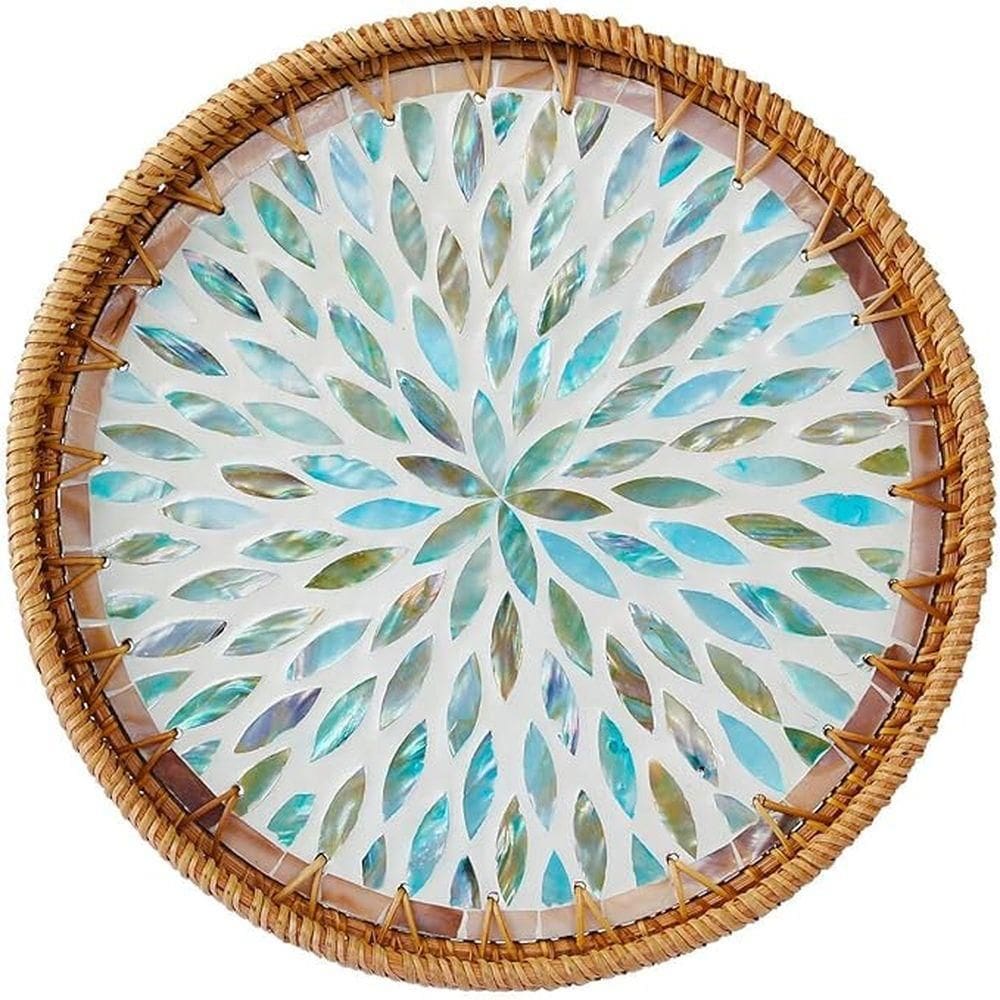 Bandeja Redonda de Madreperóla e Rattan Azul 6210 30cm Bono