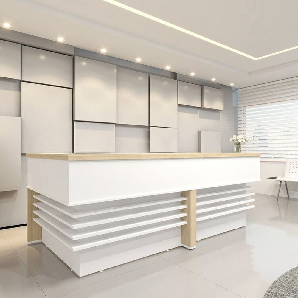 Balcão para Atendimento Recepção 295,4cm X 147,7cm com 4 Gavetas Carvalho/Branco