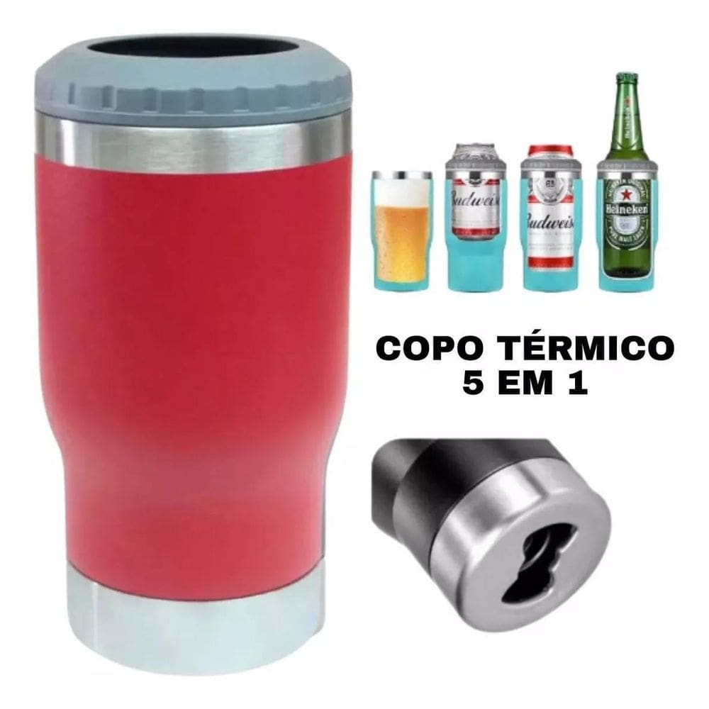 Copo Térmico Long Neck Cerveja Latinha Latão Inox Vermelho