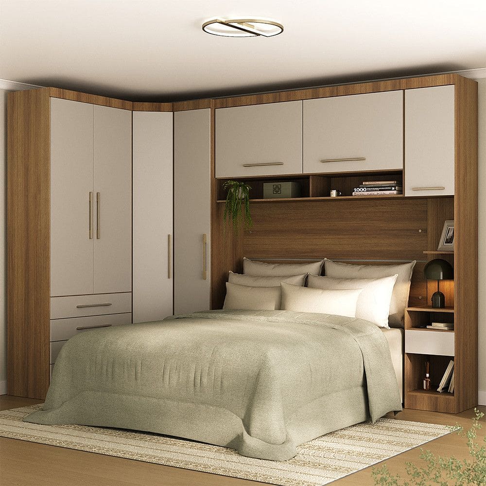 Quarto Modulado Casal de Canto com Guarda-roupas Maleiro e Cabeceira Paris Master Luciane Moveis