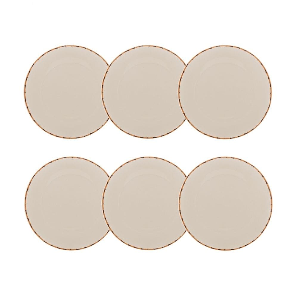 Cj 6 Pratos Rasos de Porcelana Branca e Borda C/Estampa de Bambu 27,5cm Lyor