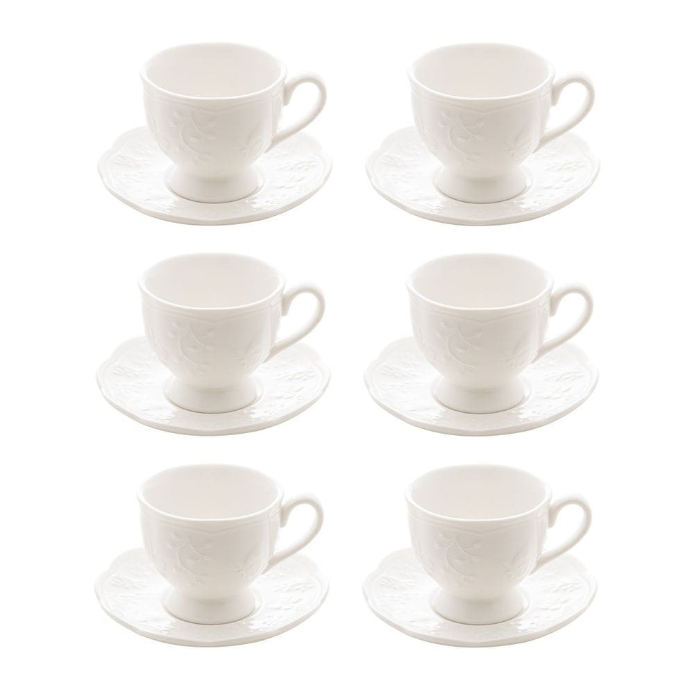 Cj 6 Xícaras P/Chá C/Pires de Porcelana New Bone Butterfly Flower Branco 200ml Lyor