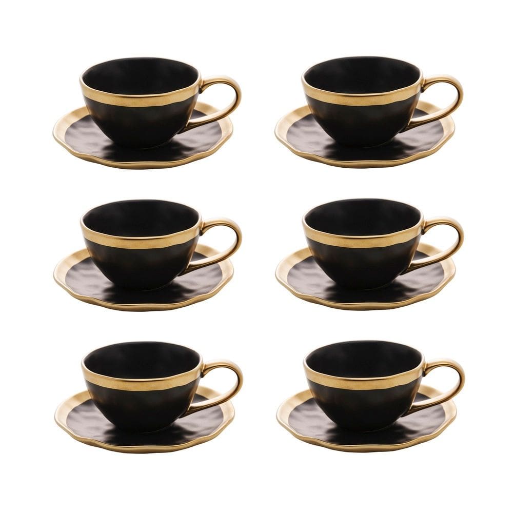 Cj 6 Xícaras P/Chá C/Pires de Porcelana Preto Fosco/Dourado Dubai 200ml Wolff