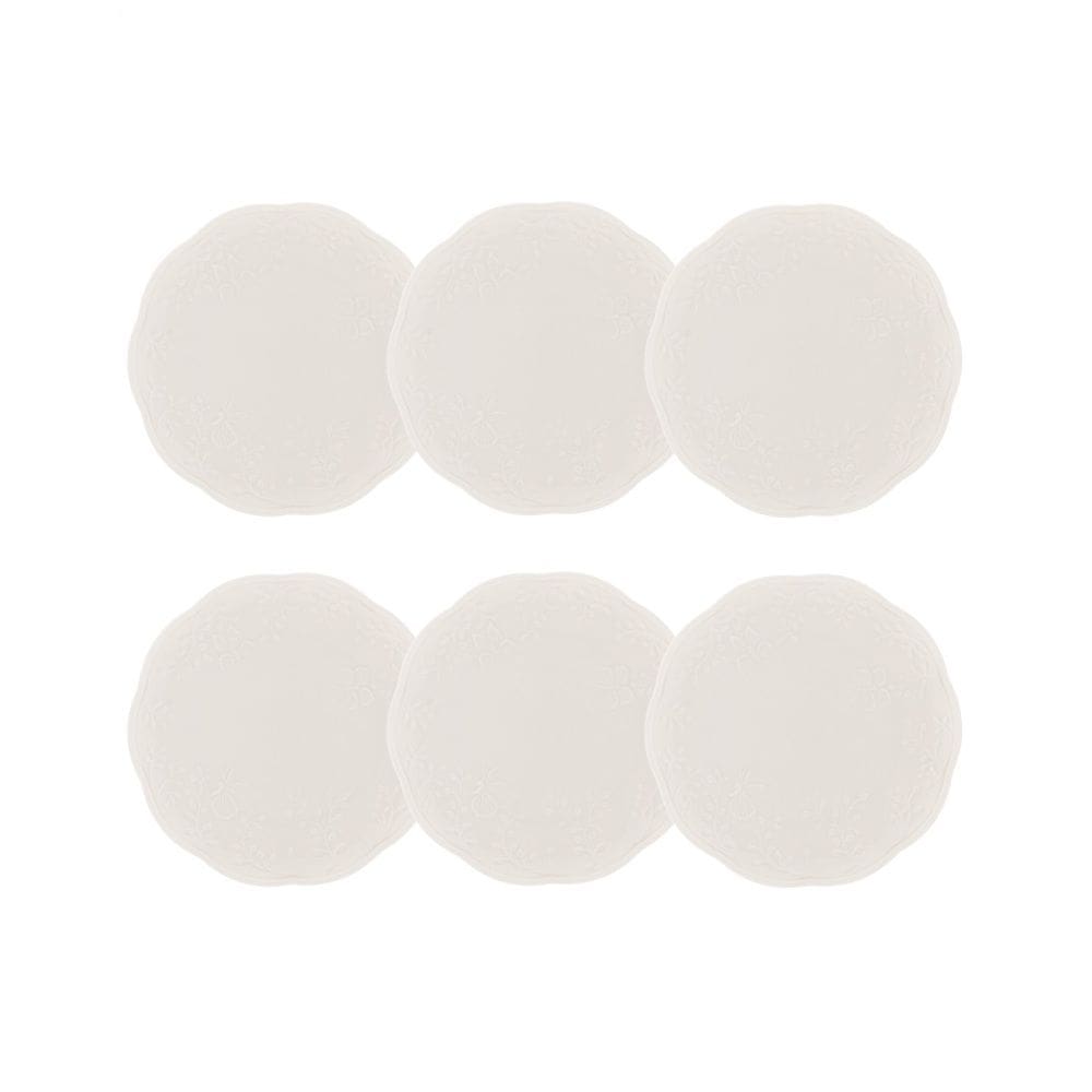 Cj 6 Pratos para Sobremesa de Porcelana New Bone Butterfly Flower Branco 19cm Lyor