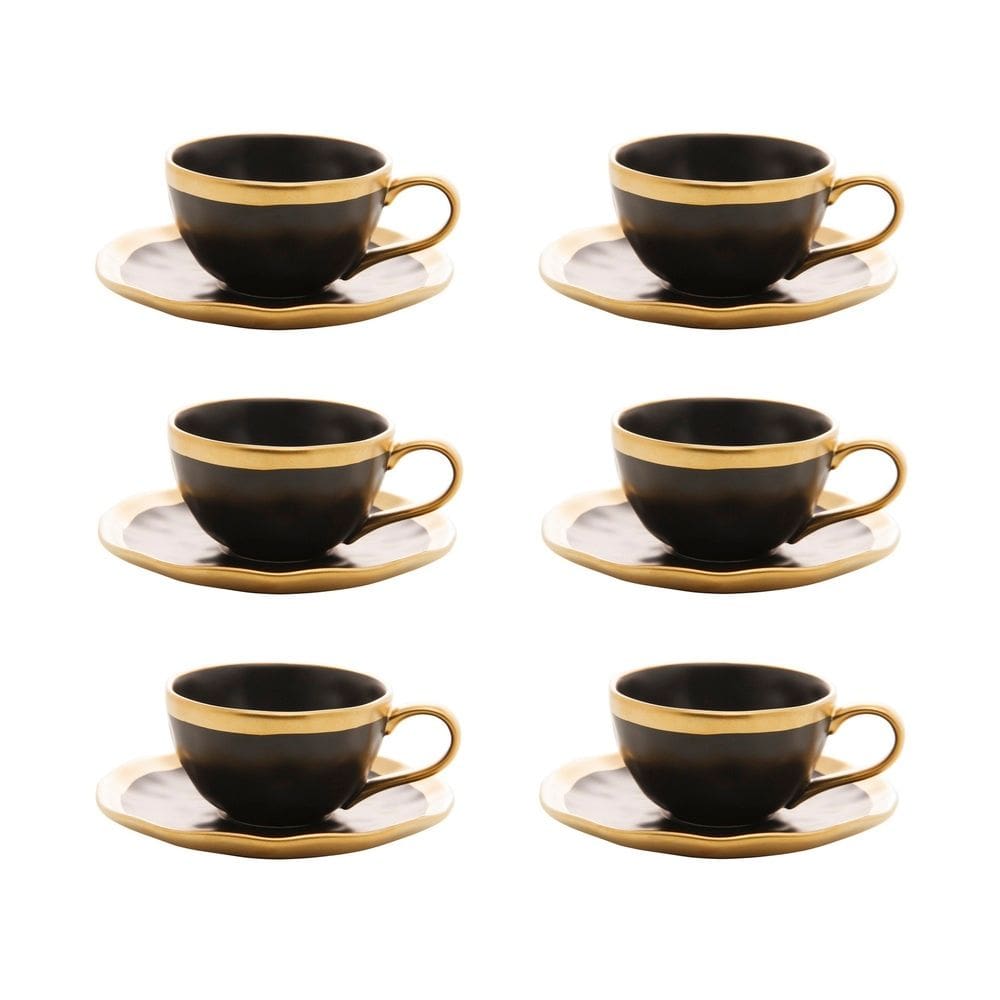 Cj 6 Xícaras P/Café C/Pires de Porcelana Preto Fosco/Dourado Dubai 90ml Wolff