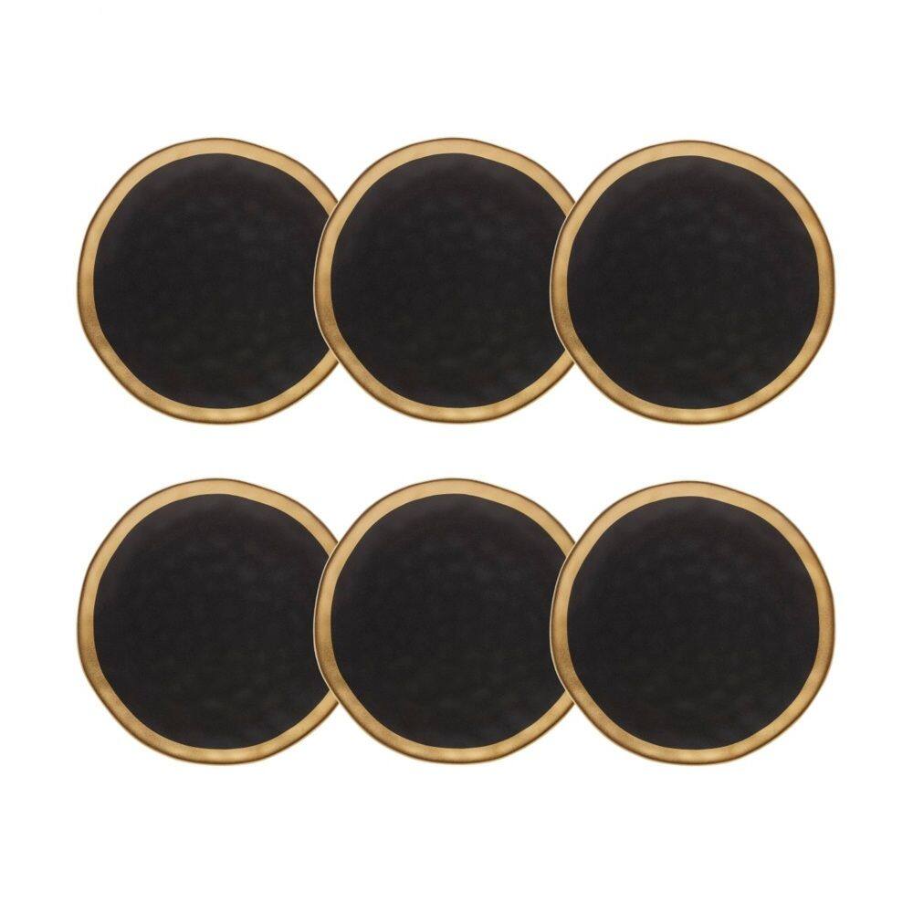 Cj 6 Pratos Rasos de Porcelana Preto Fosco/Dourado Dubai 25cm Wolff