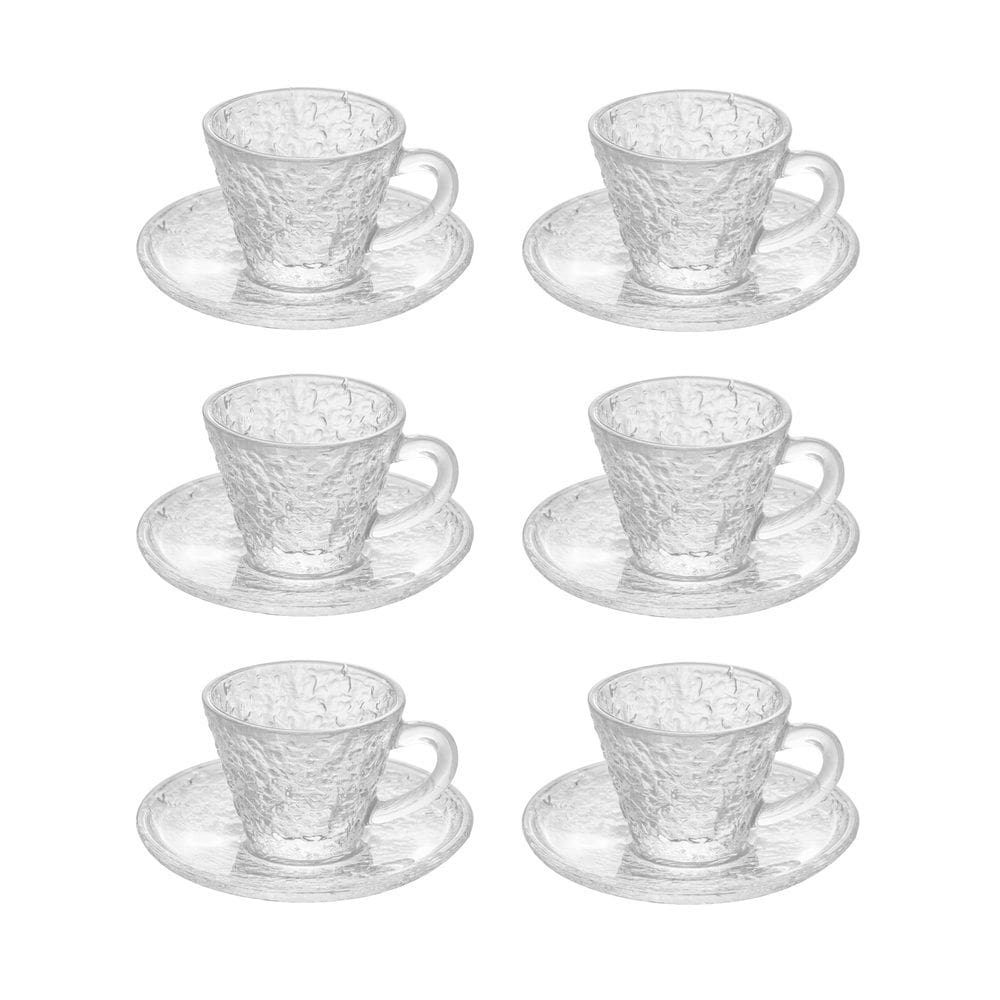 Cj 6 Xícaras P/Café C/Pires de Cristal Martelado Petra Transparente 70ml Lyor