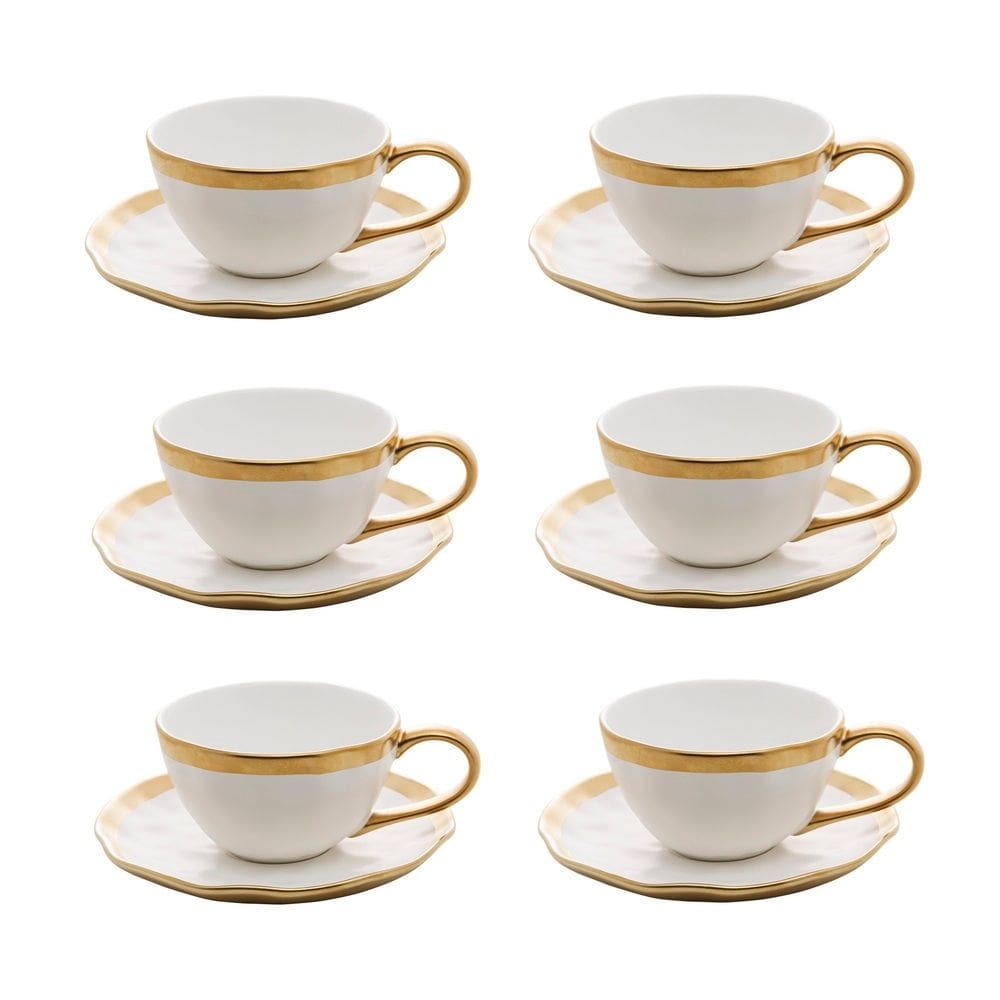 Cj 6 Xícaras P/Café C/Pires de Porcelana Branco/Dourado Dubai 90ml Wolff
