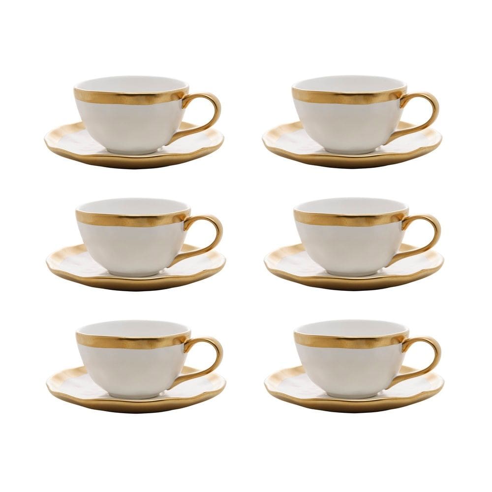 Cj 6 Xícaras P/Chá C/Pires de Porcelana Branco/Dourado Dubai 200ml Wolff