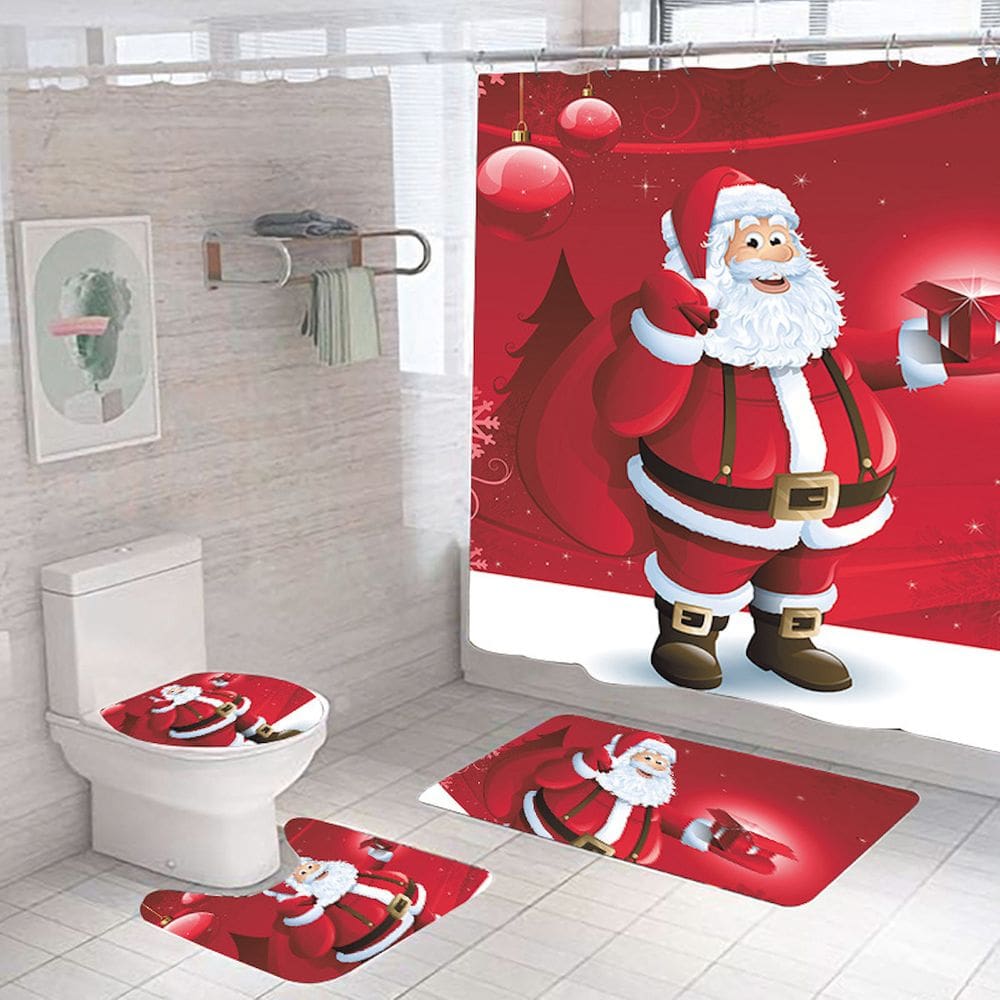 Conjunto de cortinas de chuveiro Santa Elk Snowman com tapete antiderrapante, 4 peças