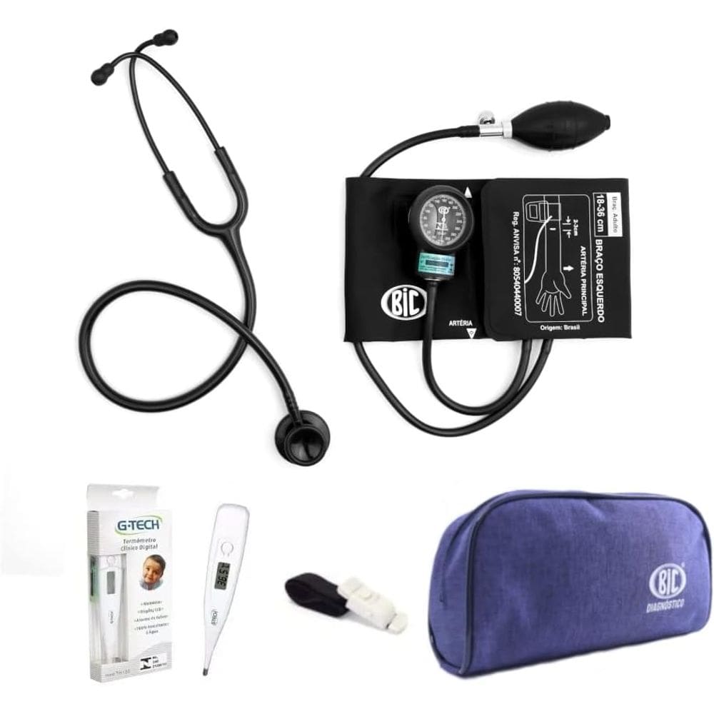 Kit Esfigmomanometro E Esteto Bic + Garrote + Termometro