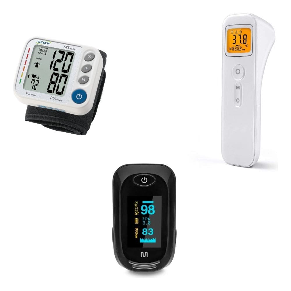 Kit Termometro Infravermelho + Medidor De Pressão Arterial + Oximetro De Dedo Multi